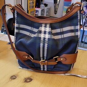 Elegant Blue and Brown Plaid Shoulder Bag